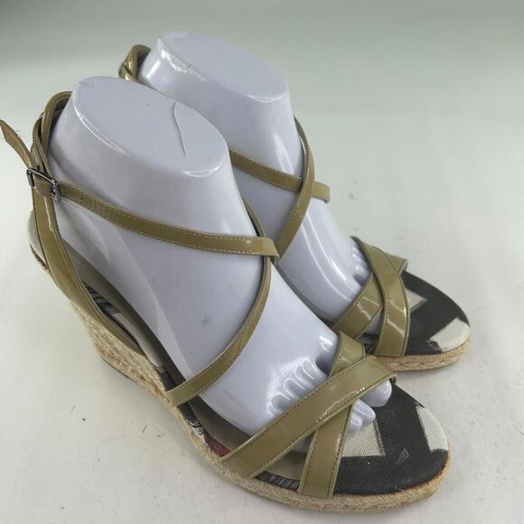Burberry Nova Check Wedge Espadrilles US 8.5 Womens Beige Patent Strap Sandals - Picture 5 of 10